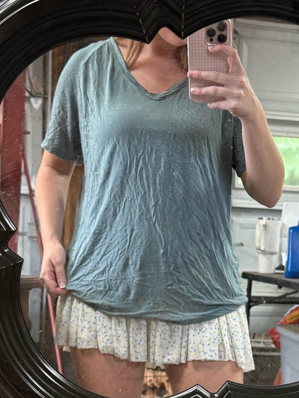 Relaxed V-Neck Short Sleeve Blouse in Dusty Blue